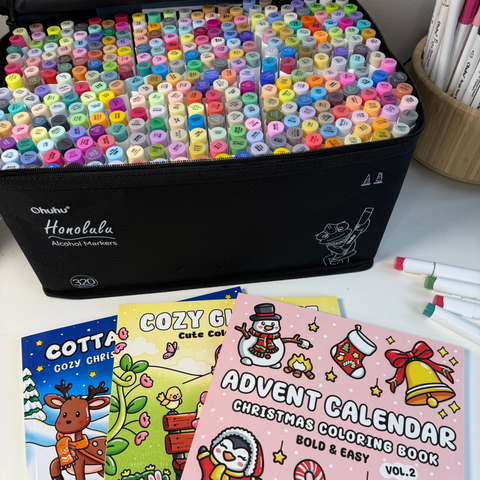 Luksus farvehyggesæt - 320 sæt Ohuhu markers samt tre cozy malebøger