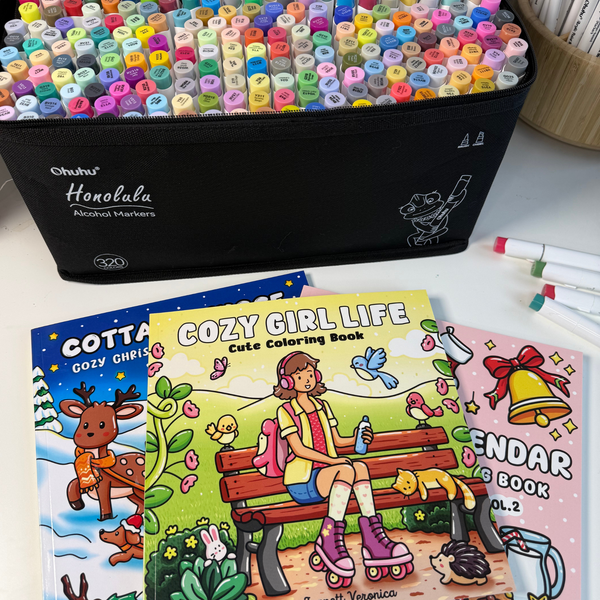 Luksus farvehyggesæt - 320 sæt Ohuhu markers samt tre cozy malebøger