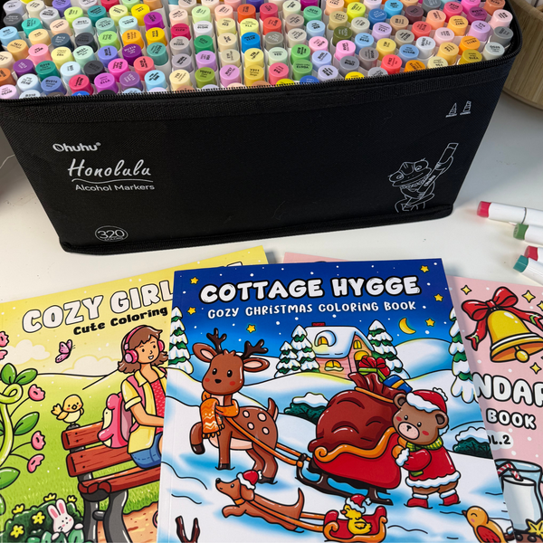 Luksus farvehyggesæt - 320 sæt Ohuhu markers samt tre cozy malebøger