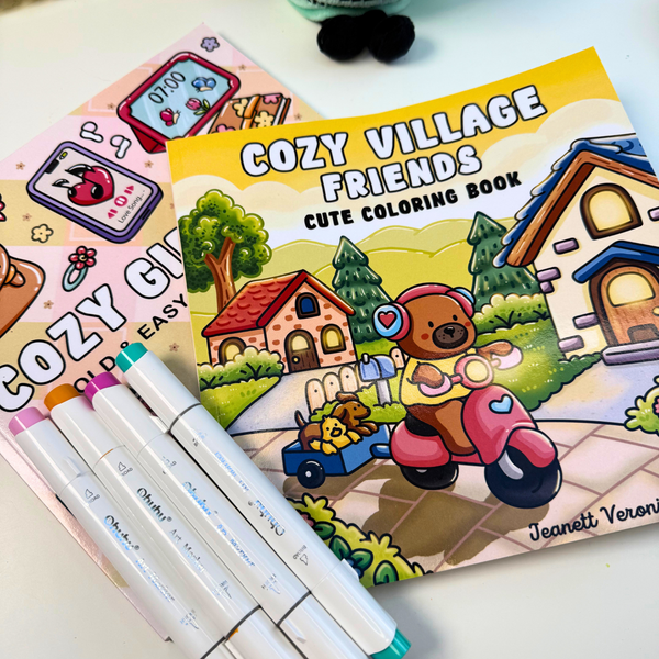 Kreativ hygge-pakke – To valgfri malebøger samt fire stk. Ohuhu markers