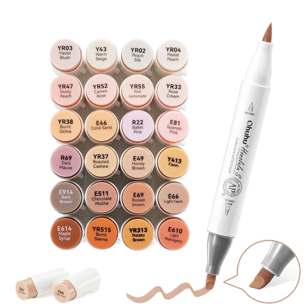 Ohuhu Honolulu S Hudtone Markers – 24 stk. (Brush & Soft Chisel)