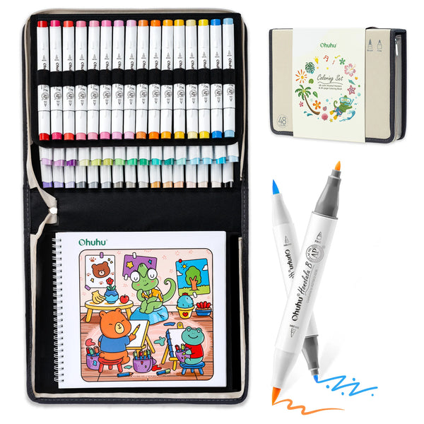 Ohuhu 48 Colors Alcohol Markers + malebog – Samlet sæt